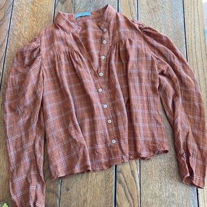 Mango Puff Sleeve Rust Button Up Blouse